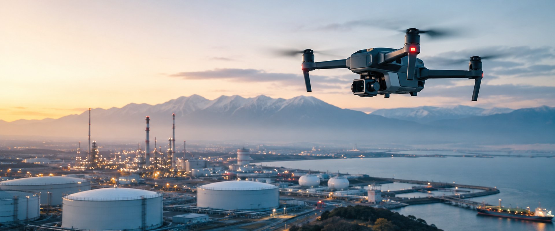 Drone DRONECONNECT survolant un site portuaire industriel avec silos et montagnes, audit infrastructure logistique