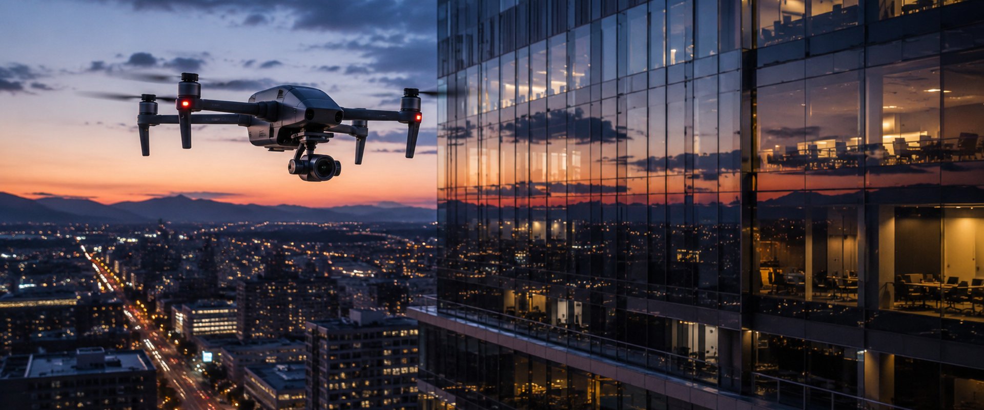 Drone DRONECONNECT survolant tour vitrée moderne au coucher de soleil, mission immobilier d'entreprise