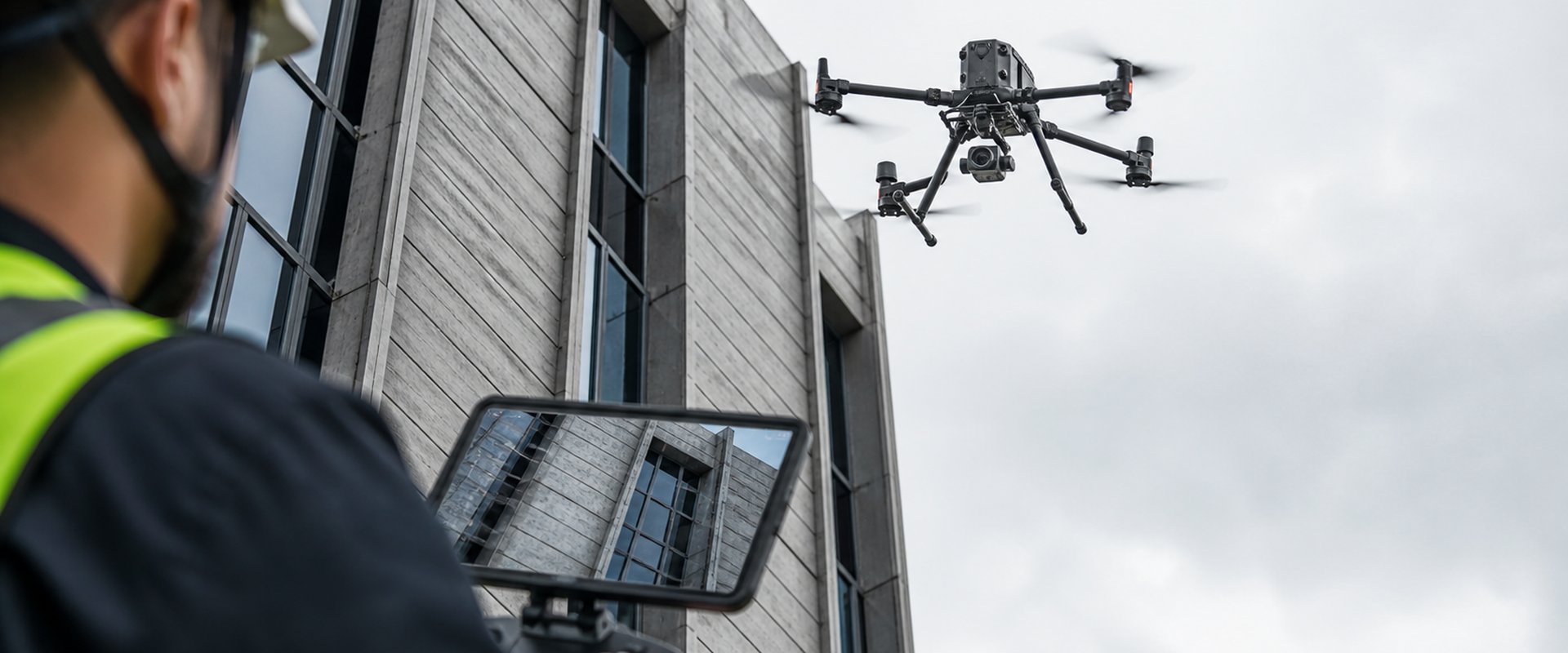 Drone DRONECONNECT en inspection de bâtiment tertiaire moderne, télépilote certifié DGAC sur tablette de contrôle